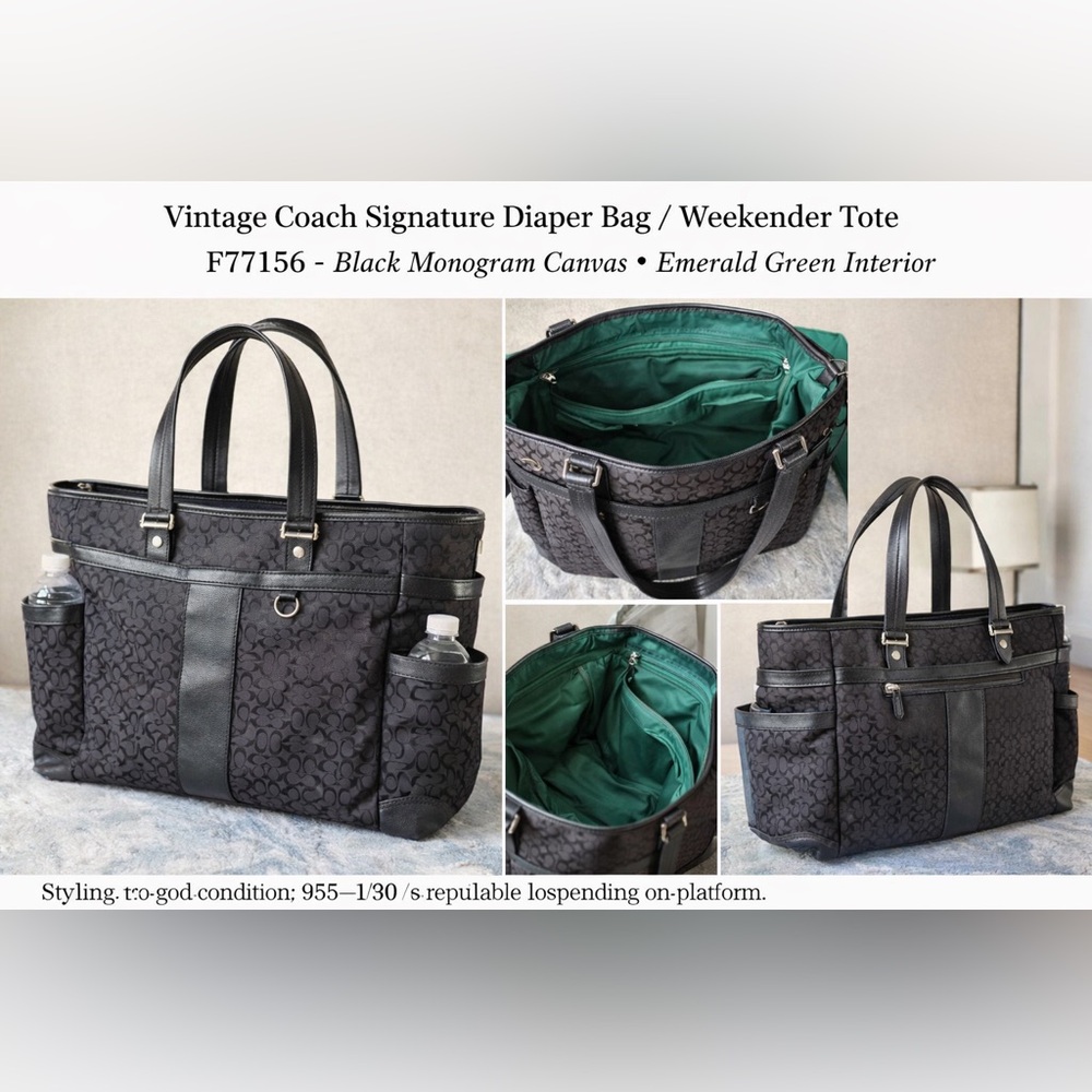 Coach Signature Tote F77156, black monogram canvas, emerald interior Diaper bag